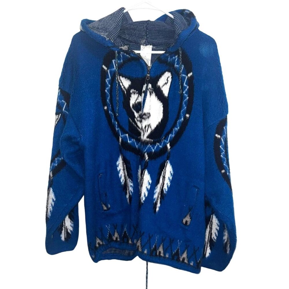 Blue Hooded Wool Jacket With Wolf & Feather Design Made In Ecuador